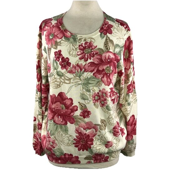 Alfred Dunner Sz L Sweater Womens Long Sleeve Knit Beaded Sequins Pink Flowers - Picture 1 of 9